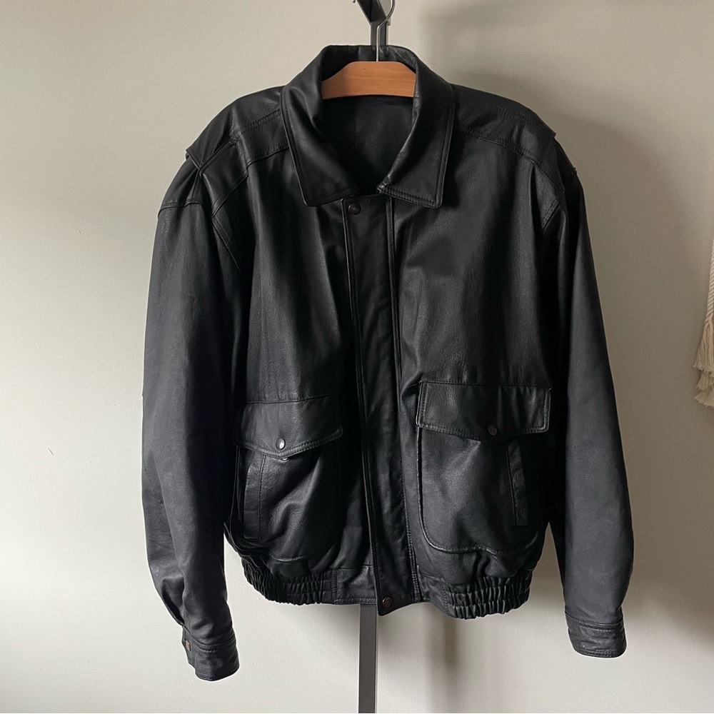 80s 90s Vintage 100% Leather Bomber Jacket Mens Black Size Large Oversized